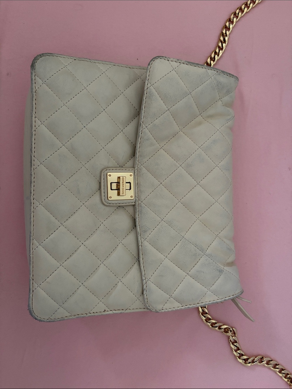 Quilted Leather Gold Chain Shoulder Bag in Light Gray/Cream
